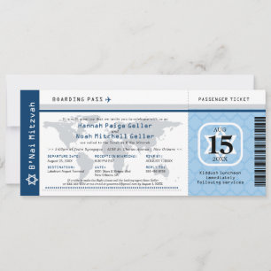Blue B'Nai Mitzvah World Traveler Boarding Pass Invitation