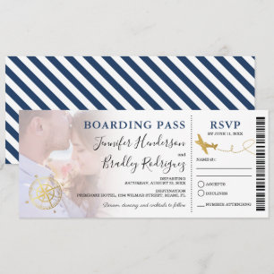 Blue Boarding Pass Destination Wedding Photo Invitation