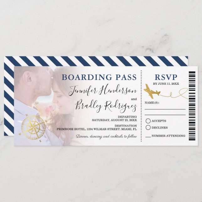 Blue Boarding Pass | Destination Wedding Photo Invitation (Front/Back)