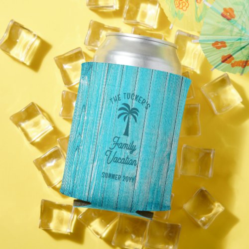 Blue Boards Tropical Palm Tree Summer Vacation Can Cooler