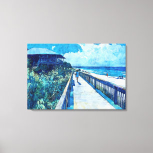 Blue Boardwalk Stroll Beach Watercolor Canvas Print