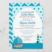Blue Boat and Lighthouse on Baby Boy Shower Invite