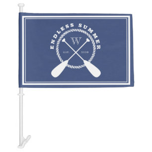 Blue Boat Name & Monogram Crossed Paddles Car Flag