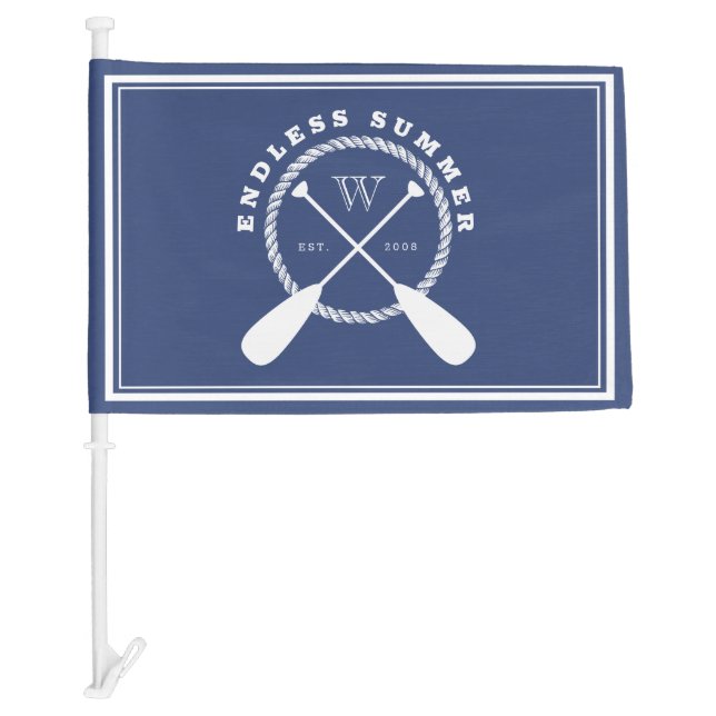 Blue Boat Name & Monogram Crossed Paddles Car Flag (Front)