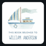 Blue Boat Nautical Boys Personalized School   Square Sticker<br><div class="desc">Cute watercolor boat "this book belongs to" stickers.</div>