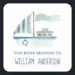 Blue Boat Nautical Boys Personalized School   Square Sticker<br><div class="desc">Cute watercolor boat "this book belongs to" stickers.</div>