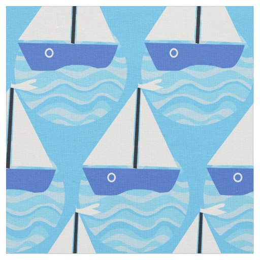Blue boat with white sails on ocean waves fabric