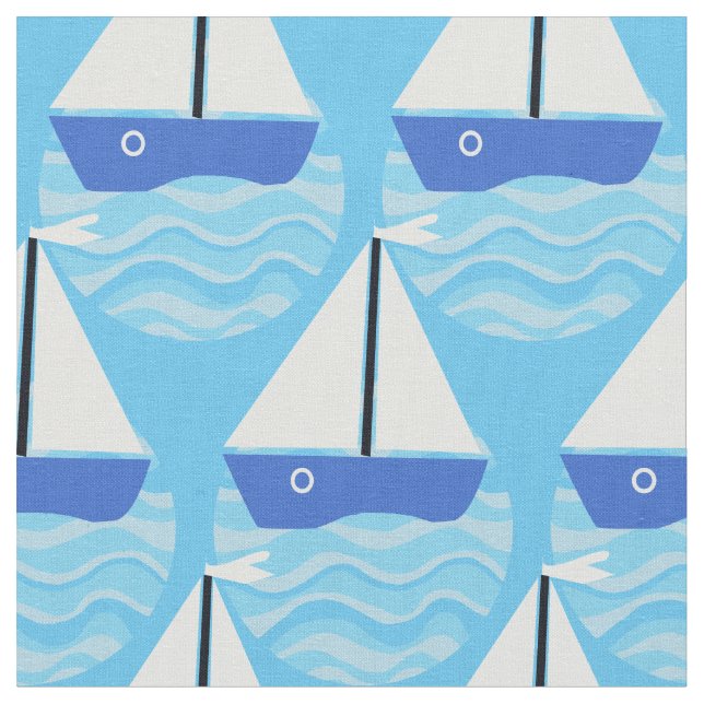 Blue boat with white sails on ocean waves fabric (Close Up)