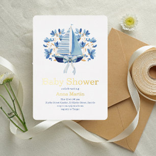 Blue Boats & Bows Baby Shower Foil Invitation