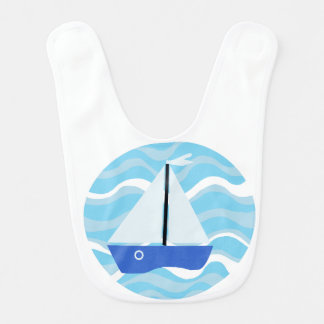 Blue boats with white sails on ocean waves bib