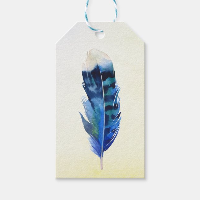 Blue Bohemian Bird's Feather Gift Tags (Front)