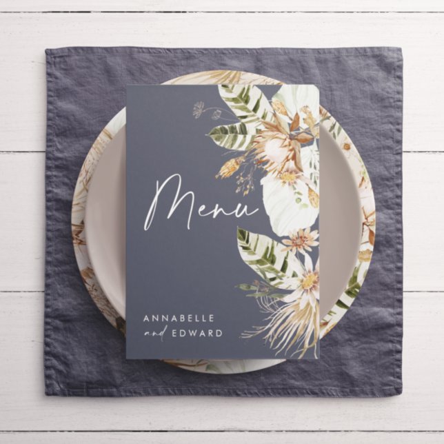 Blue bohemian botanical modern elegant foliage menu (Creator Uploaded)