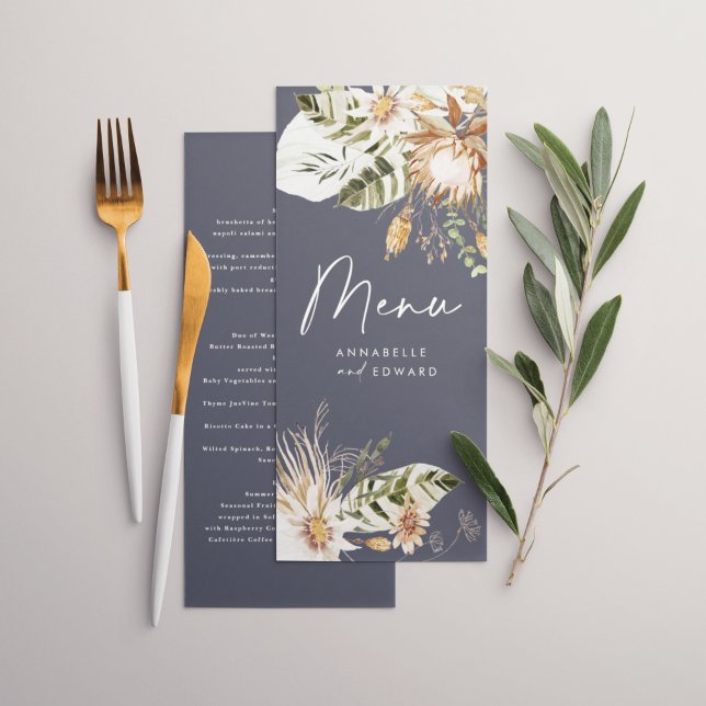 Blue bohemian botanical modern elegant foliage menu (Creator Uploaded)