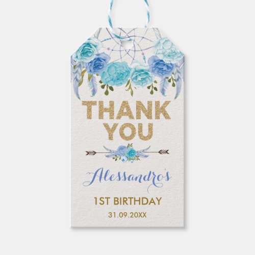 Blue Bohemian Floral Dreamcatcher 1st Birthday Gift Tags