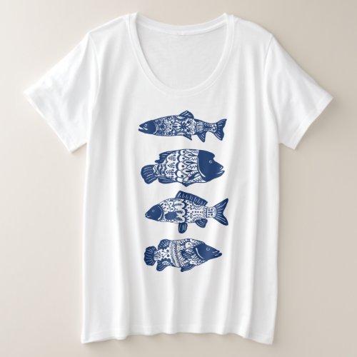 Blue Bohemian Floral Patterned Fish Plus Size T_Shirt