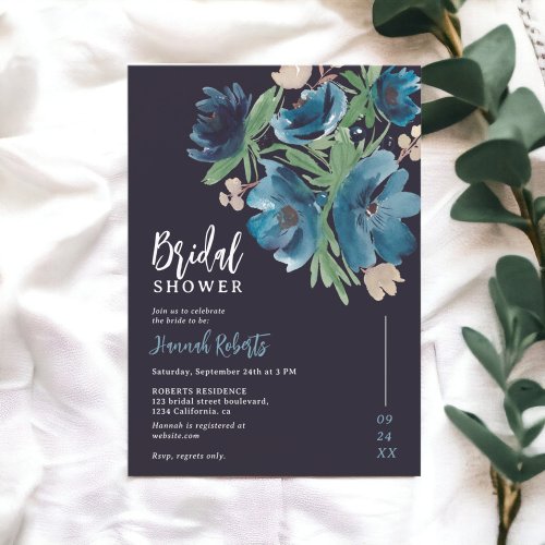 blue bohemian floral watercolor bridal shower invitation