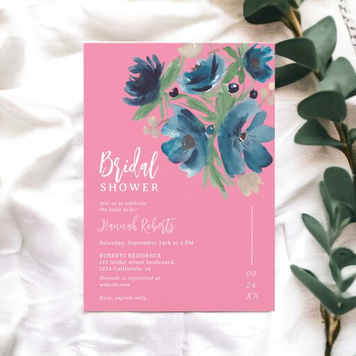 blue bohemian floral watercolor bridal shower invitation