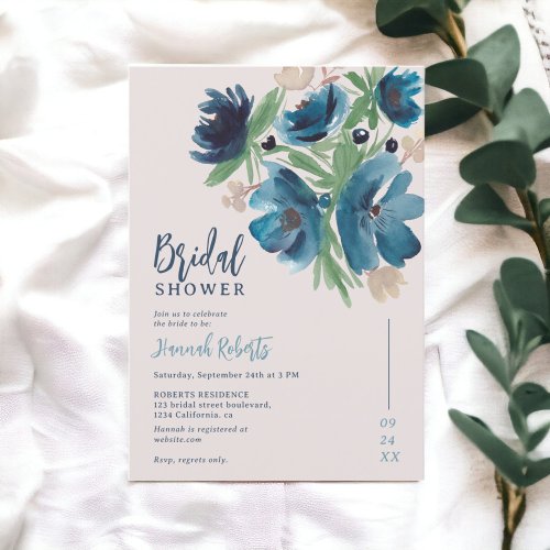blue bohemian floral watercolor bridal shower invitation