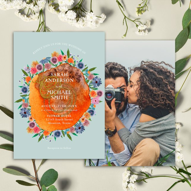 Blue Bohemian Garden Boho Wildflower Photo Wedding Invitation (Front/Back)