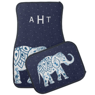 Blue Bohemian Lotus Elephant & Polka Dots Car Floor Mat