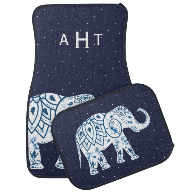 Blue Bohemian Lotus Elephant & Polka Dots Car Floor Mat (Set)