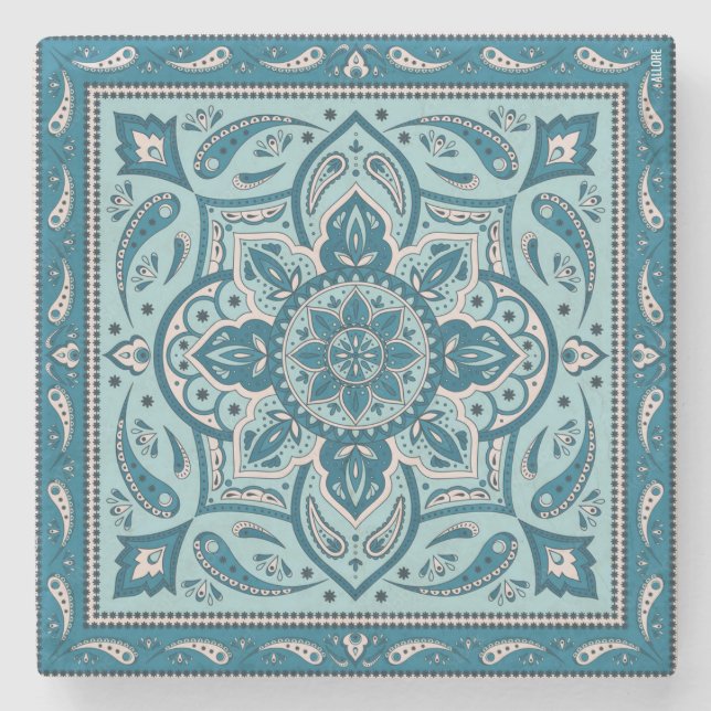 Blue Bohemian Mandala Bandana Stone Coaster (Front)