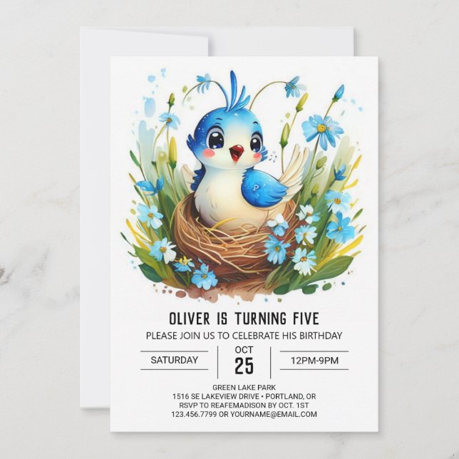 Blue Bohemian Whimsical Bird Birthday Invitation (Front)