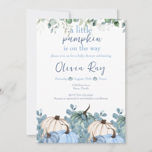 Blue Boho a Little Pumpkin Is on the Way Invitation (Front)