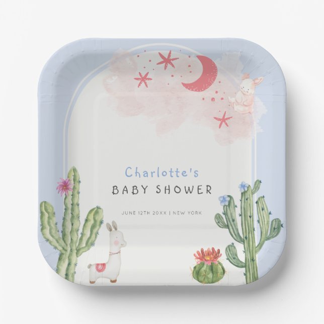 Blue Boho Arch  Cactus Toys Boy Baby Shower  Paper Plates (Front)