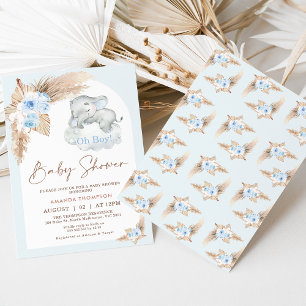 Blue Boho Arch Sleeping Elephant Baby Shower Invitation