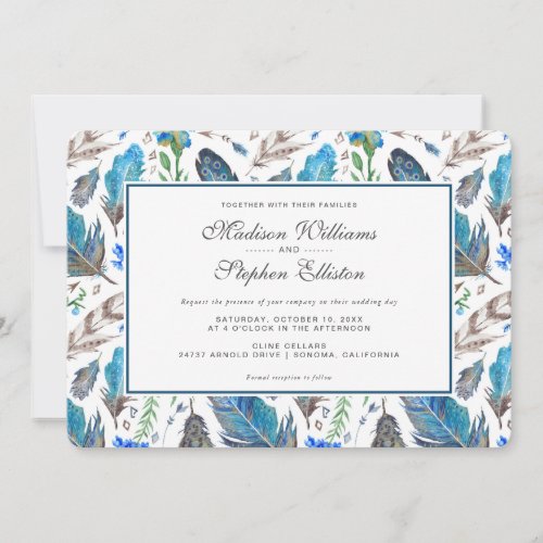 Blue Boho Aztec Watercolor _ Wedding Invitation