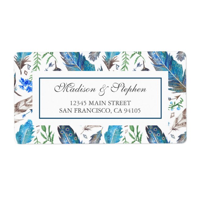 Blue Boho Aztec Watercolor -  Wedding Label (Front)