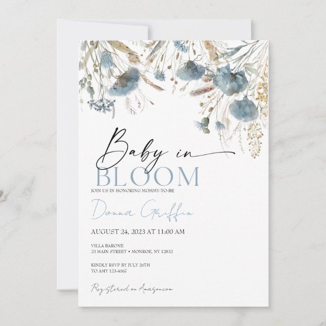 Blue Boho Baby In Bloom Invitation (Front)