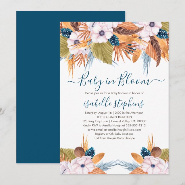 Blue Boho Baby in Bloom Pampas Grass Baby Shower Invitation (Front/Back)