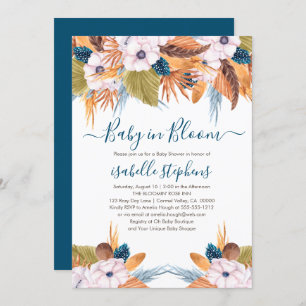 Blue Boho Baby in Bloom Pampas Grass Baby Shower Invitation
