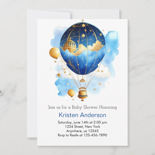 Blue Boho Balloon Adventure Boy Baby Shower Invitation (Front)