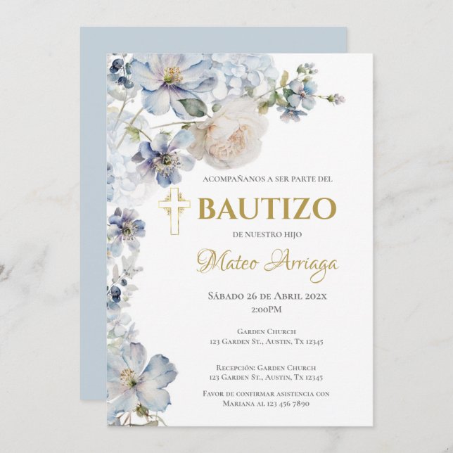 Blue Boho Baptism  Invitation (Front/Back)