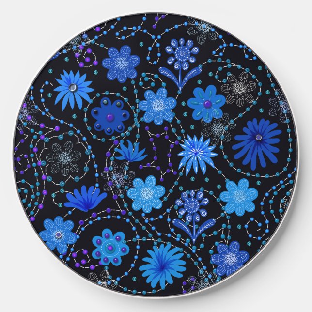 Blue Boho Beads and Flowers Pretty Wireless Charger (Front)