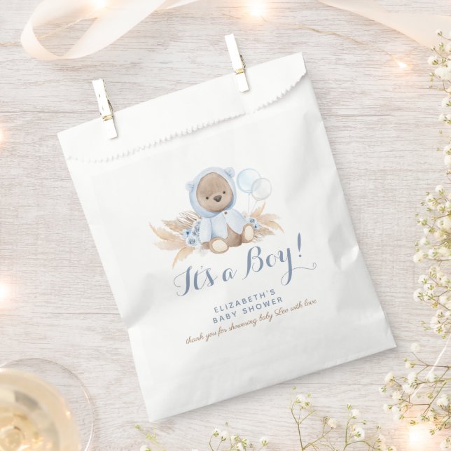 Blue Boho Bear Baby Shower Favor Paper Bag (Clipped)