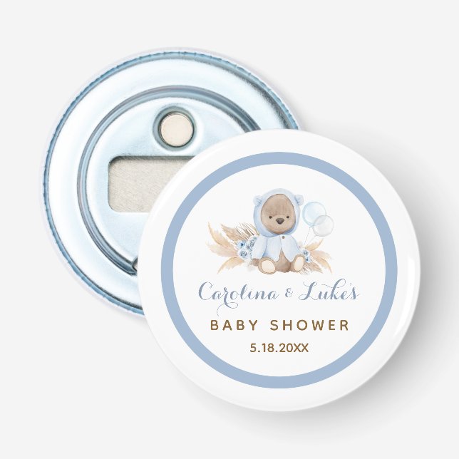 Blue Boho Bear Baby Shower Favors Bottle Opener (Front)