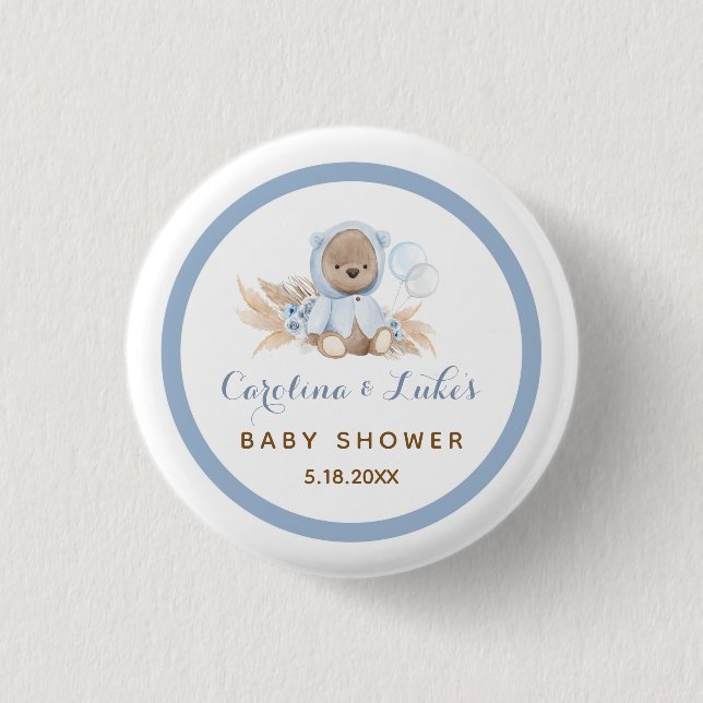 Blue Boho Bear Baby Shower Party Favors Button (Front)