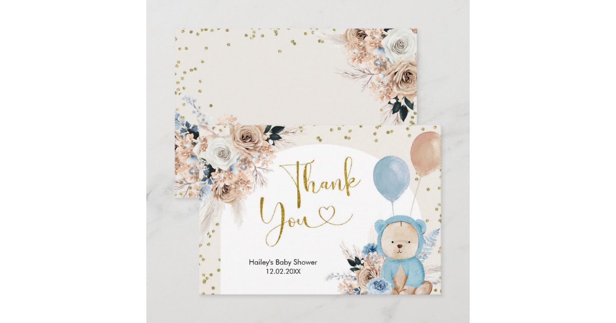 Blue Boho Bear Baby Shower Thank You Card | Zazzle
