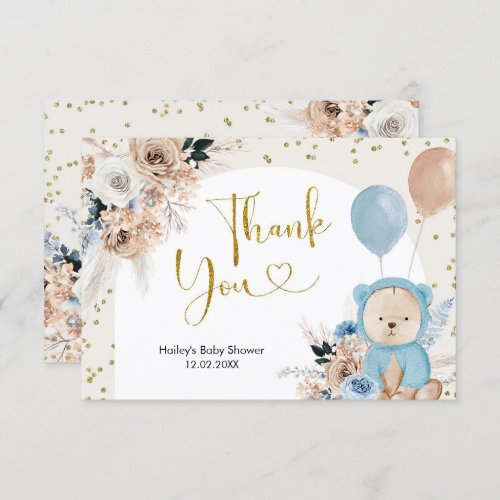 Blue Boho Bear Baby Shower Thank You Card