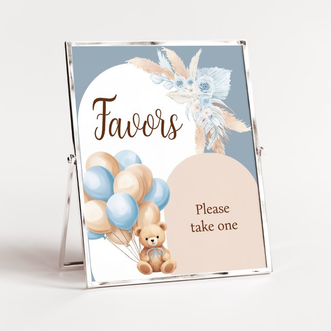 Blue Boho Bear Balloon Baby Shower Favors Poster (Boy Bear Arch Balloon Baby Shower Favors Sign)