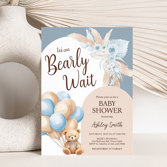 Blue Boho Bear Balloon Baby Shower  Invitation (Boy Bear Arch Balloon Baby Shower Invitation)