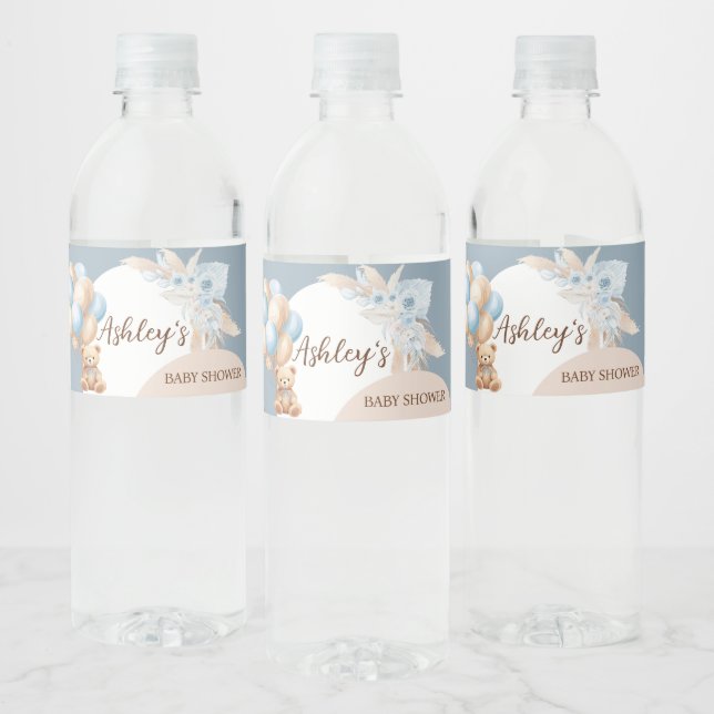 Blue Boho Bear Balloon Baby Shower  Water Bottle Label (Bottles)