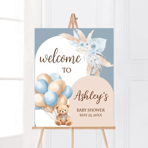 Blue Boho Bear Balloon Baby Shower Welcome Poster