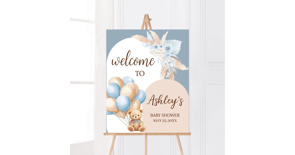 Blue Boho Bear Balloon Baby Shower Welcome Poster | Zazzle
