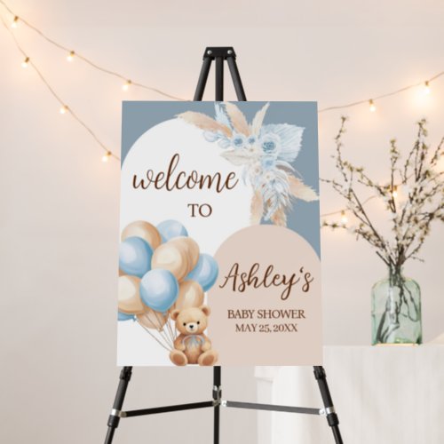 Blue Boho Bear Balloon Baby Shower Welcome Sign