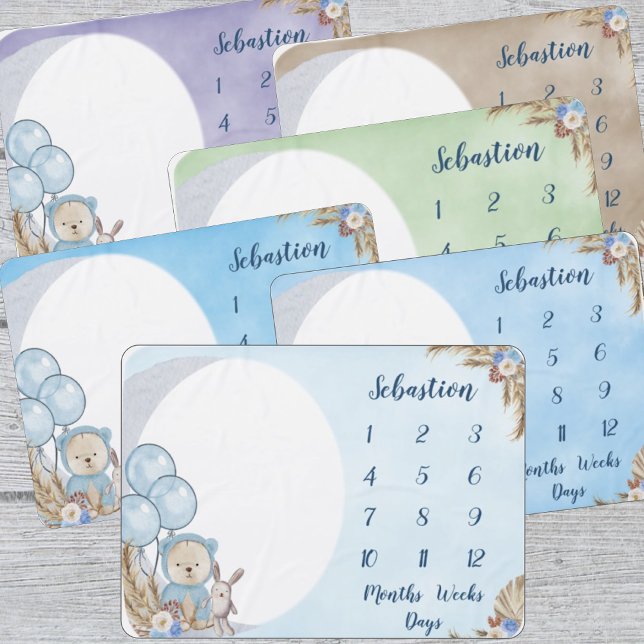 Blue Boho Bear Moon Bunny Baby Blanket (Use Zazzle Editor to add a background color to go with a nursery or baby shower theme.)